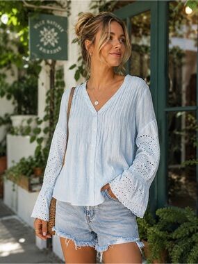 76C. Light Blue Button-Down Eyelet Sleeve V-Neck Blouse